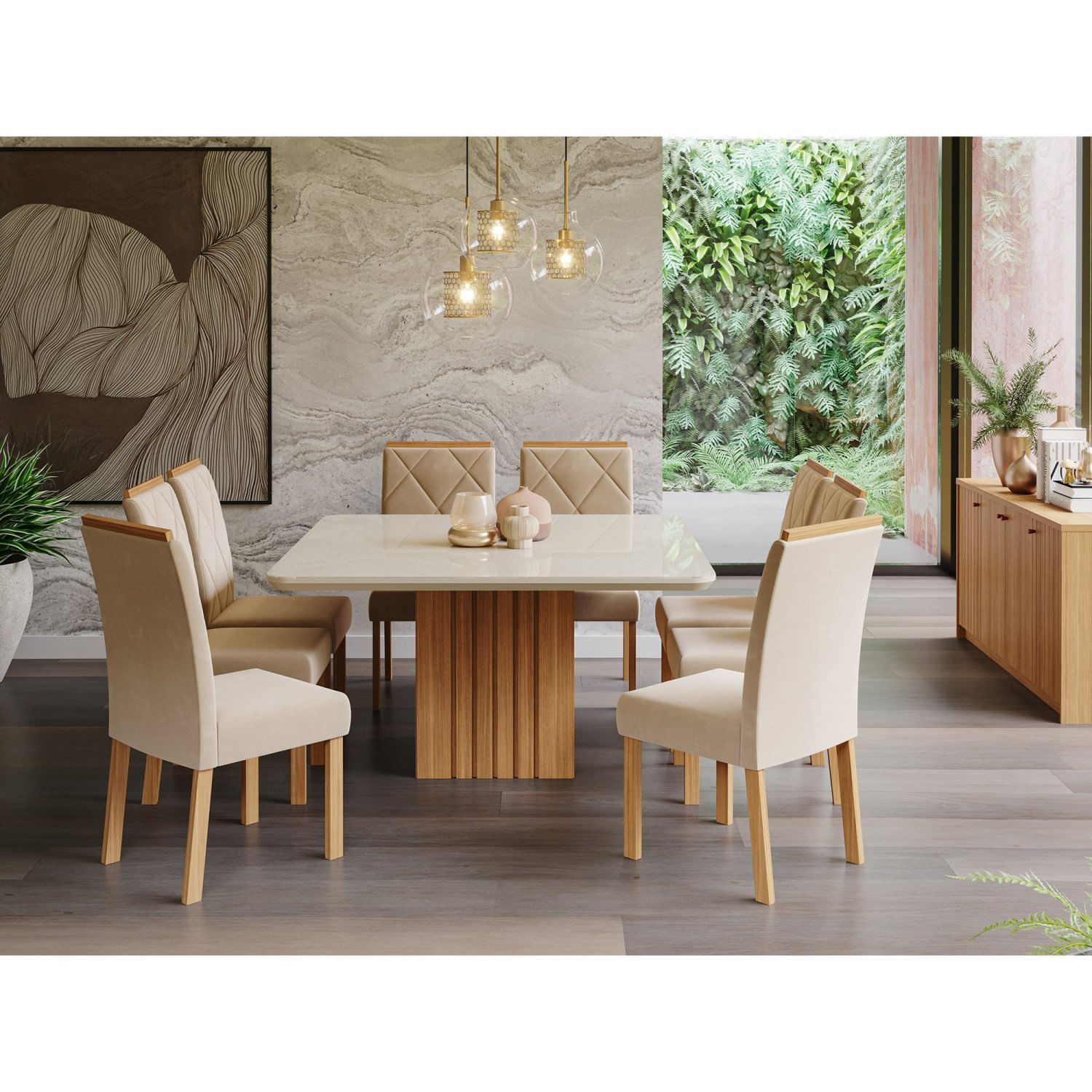 Conjunto Para Sala De Jantar Mesa 130x130cm Ana 8 Cadeiras Fernanda  Nature/off White/madeira/nude