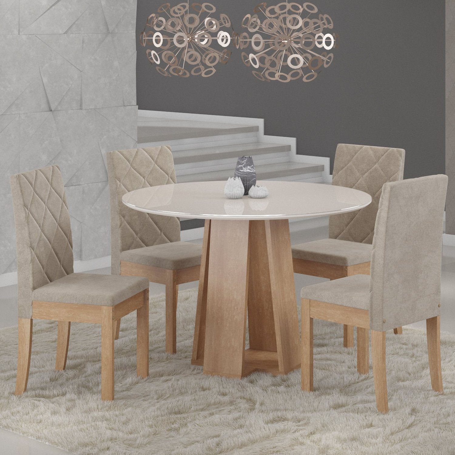 Conjunto Sala De Jantar Mesa Redonda Tampo Vidro E Mdf Styllo 4 Cadeiras Cristal  Mel/off White