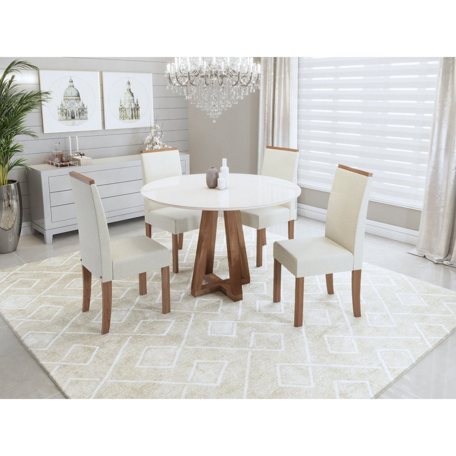 Conjunto Sala De Jantar Mesa Livia Redonda 100cm Tampo Vidro/mdf Com 4 Cadeiras Livia  Nogal/off White