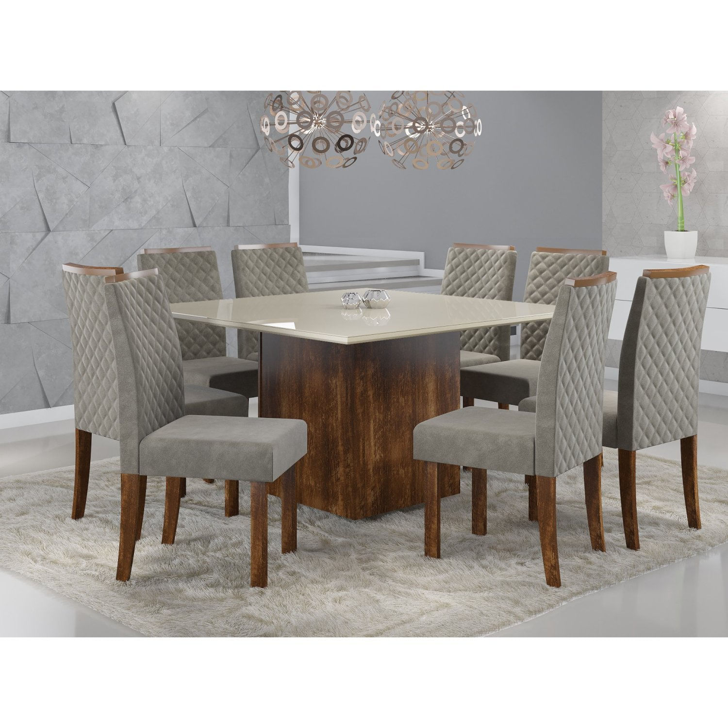 Conjunto Sala De Jantar Mesa Atena 136cm Tampo Vidro/mdf Com 8 Cadeiras Elegance  Rústico/off White