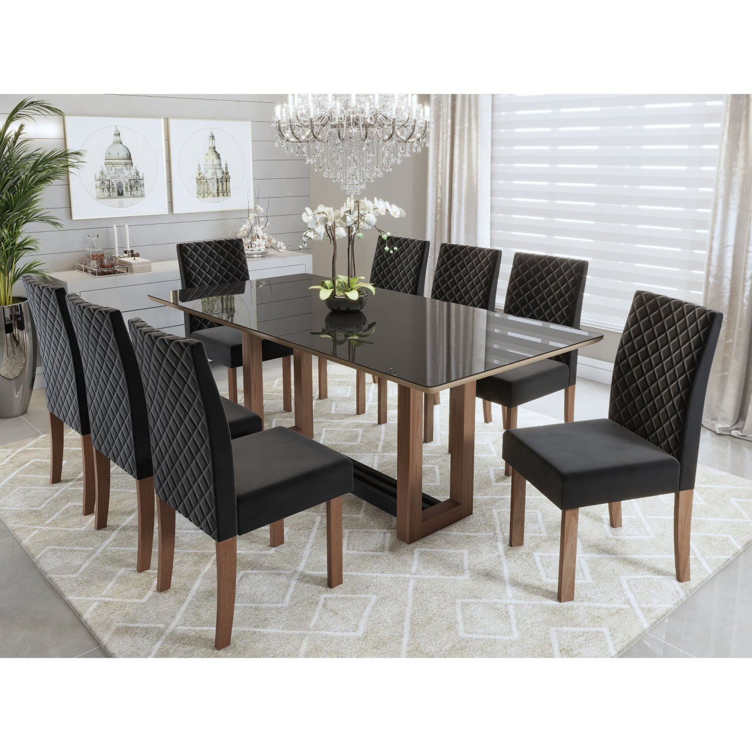 Conjunto Sala De Jantar Mesa Louise 200cm Tampo Vidro/mdf Com 8 Cadeiras Dalia  Nogal/preto