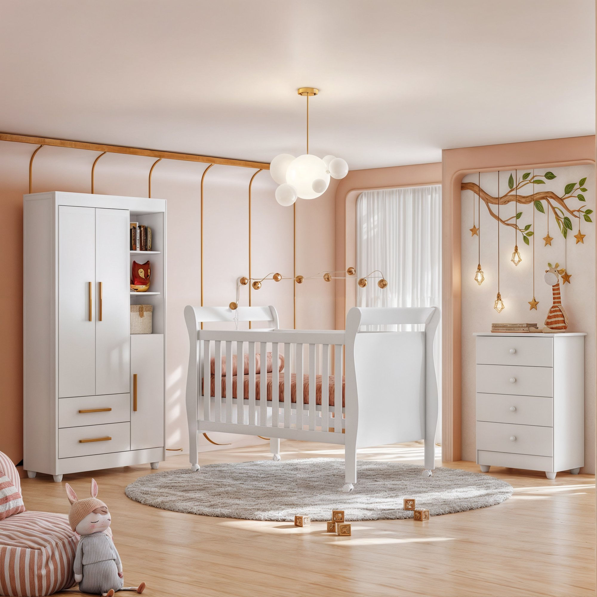 Quarto De Bebê Completo Com Cômoda, Berço Com Colchão E Guarda Roupas Mia Branco