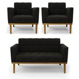 Namoradeira E 2 Poltronas Base De Madeira Castanho Elisa Suede Preto D03 - D&#39;rossi