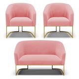 Namoradeira E 2 Poltronas Base Industrial Dourado Stella Suede Rosê D03 - D&#39;rossi