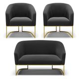 Namoradeira E 2 Poltronas Base Industrial Dourado Stella Suede D03 - D&#39;rossi Cor Preto