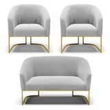 Namoradeira E 2 Poltronas Base Industrial Dourado Stella Suede D03 - D&#39;rossi Cor Cinza