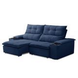 Sofá Retrátil 3 Lugares Com Porta Copo 210cm Malta F05 Veludo Azul