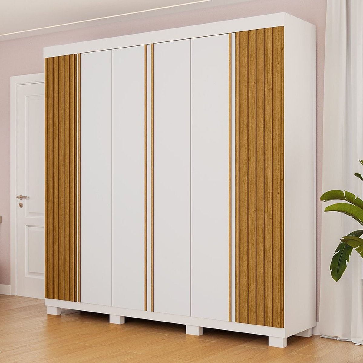 Guarda-roupa Casal 230,10cm 6 Portas Ripado 6 Gavetas 100% Mdf Magnólia Branco/cinamomo