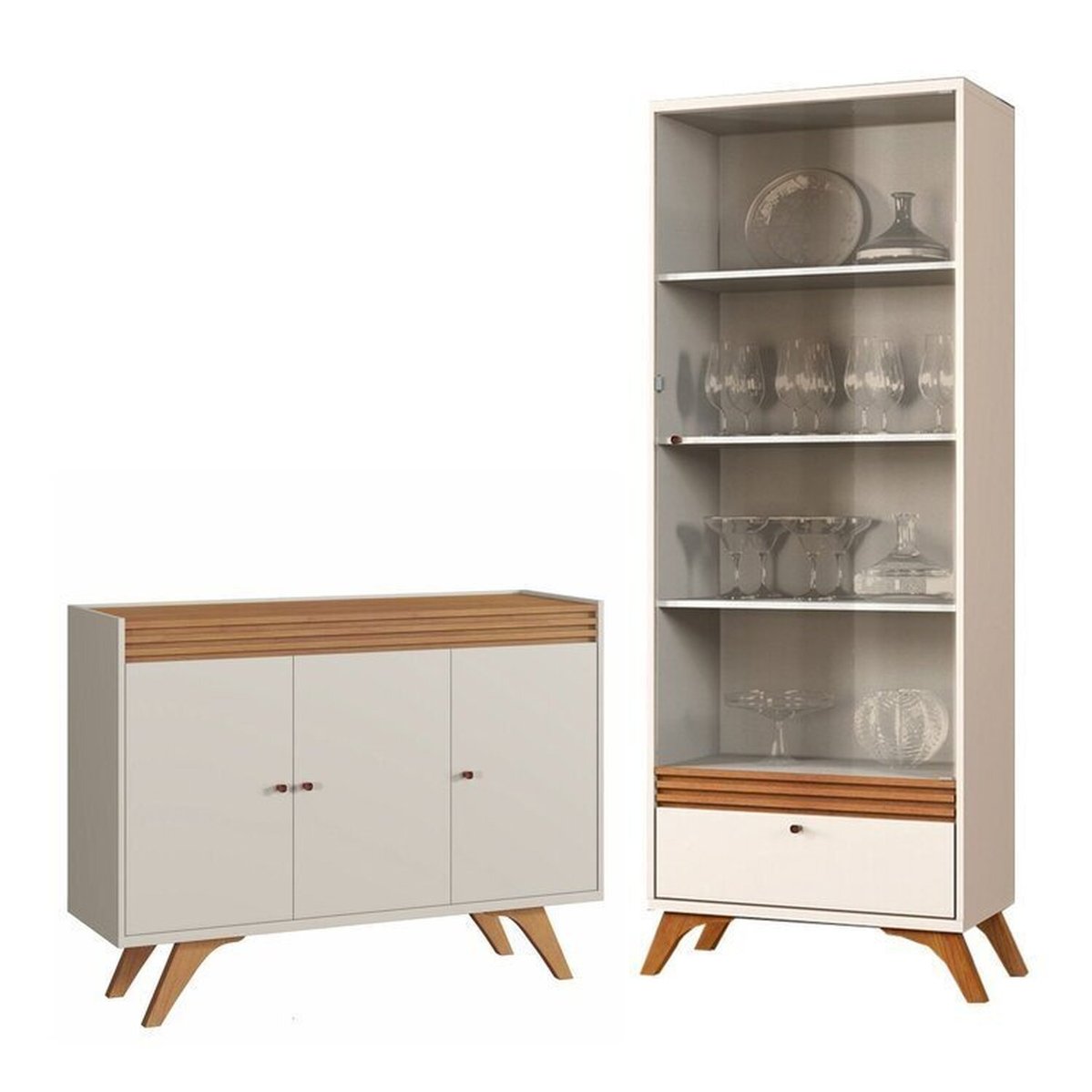 Conjunto Cristaleira 1 Gaveta 4 Prateleiras Madrid E Buffet Para Sala De Jantar 3 Portas Madrid Off White/naturale