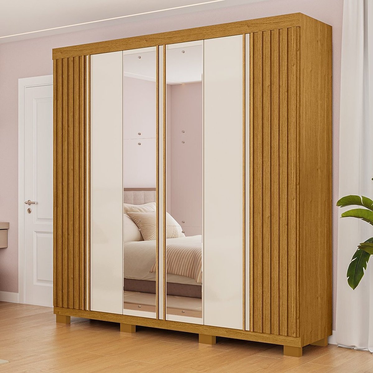 Guarda-roupa Casal 230,10cm 6 Portas Ripado 6 Gavetas Com Espelho 100% Mdf Magnólia Cinamomo/off White