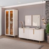 Conjunto Cristaleira Decorativa Vitória 2 Portas De Vidro E Buffet América 4 Portas Pés Metálicos Dourados Off White/freijó G18 - Gran Belo