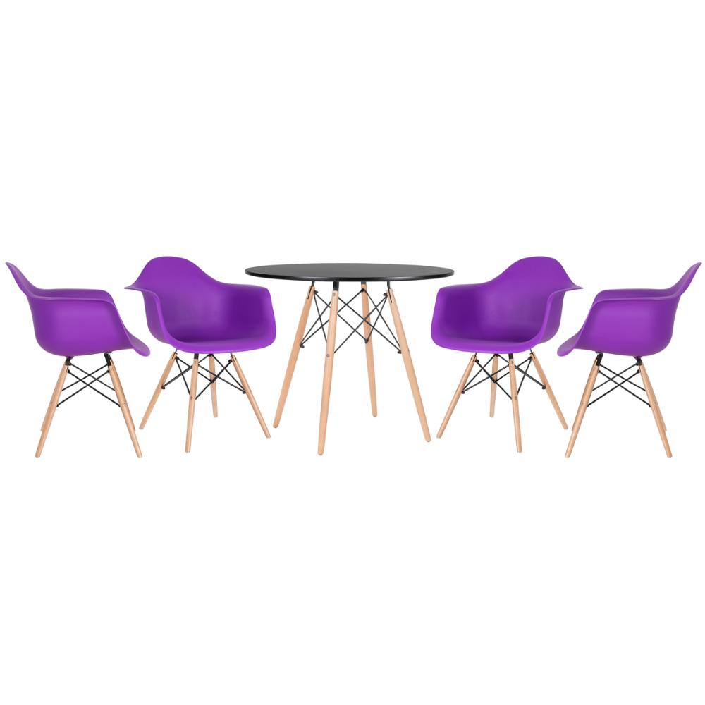 Mesa Redonda Eames 90 Cm Preto + 4 Cadeiras Eiffel Daw Roxo