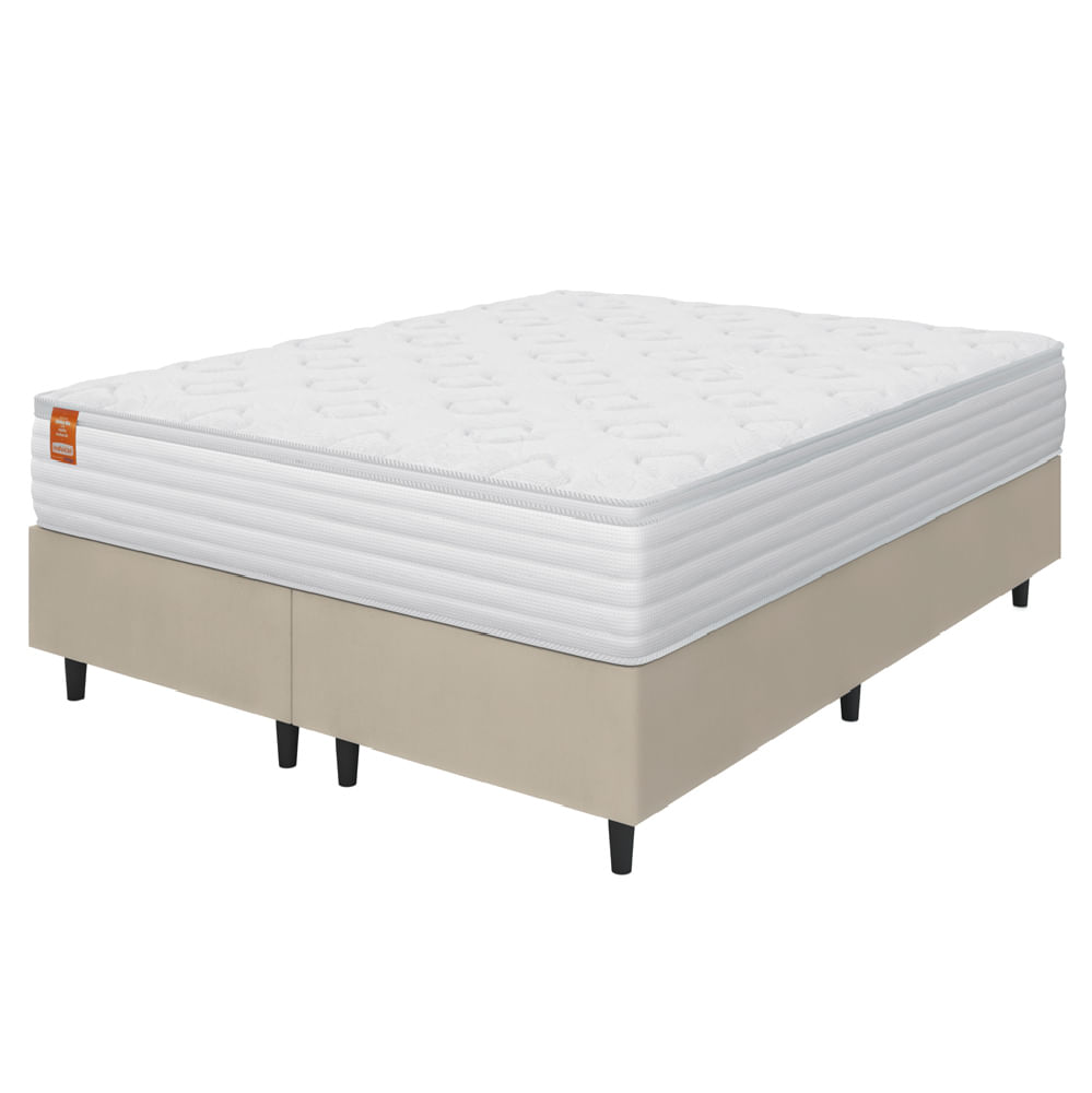 Cama Box Colchão Casal King Molas Ensacadas Real 193x203x65cm Branco / Bege Inducol - Suporta Até 130kg Por Pessoa