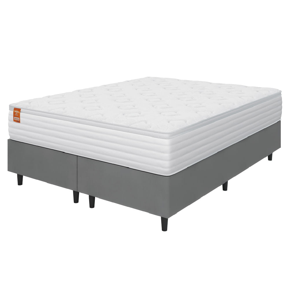 Cama Box Colchão Casal King Molas Ensacadas Real 193x203x65cm Branco / Cinza Inducol - Suporta Até 130kg Por Pessoa