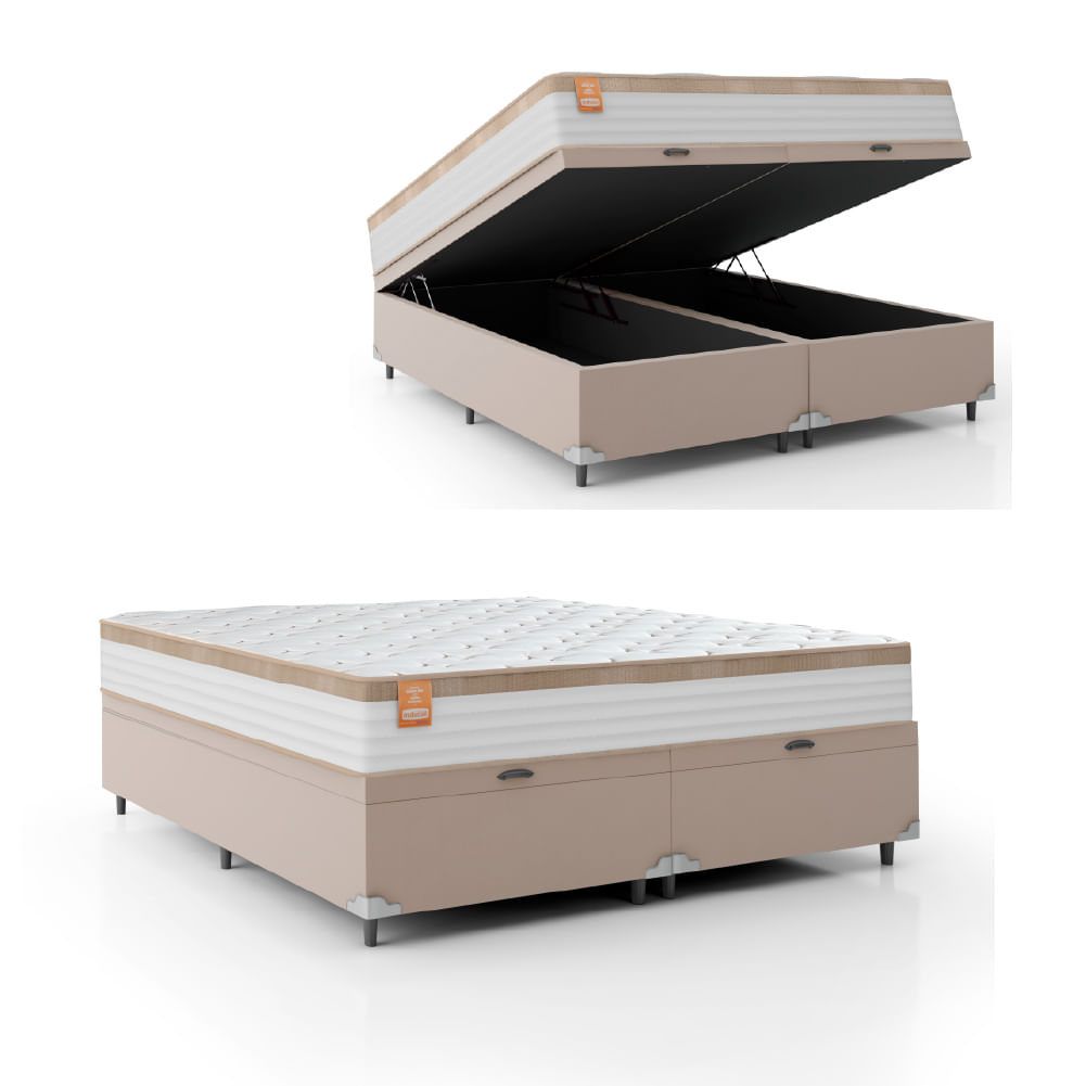 Cama Box Baú Colchão Casal King Molas Ensacadas Real 193x203x68cm Bege / Branco Inducol - Suporta Até 130kg Por Pessoa