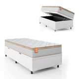 Cama Box Baú Colchão Solteiro Molas Ensacadas Real 88x188x68cm Linho Branco / Bege Inducol - Suporta Até 130kg Por Pessoa