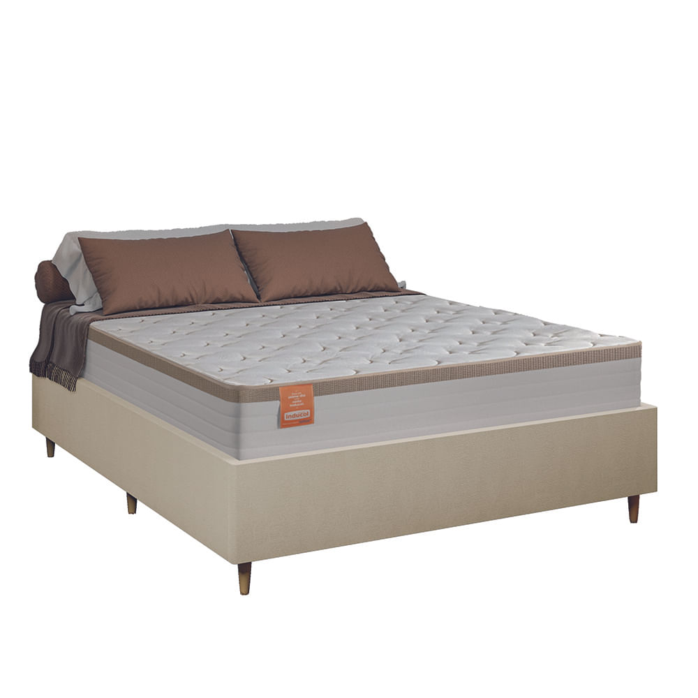 Cama Box Desmontável Casal Queen Com Colchão Molas Ensacadas Real 158x198x66cm Bege / Branco Inducol - Suporta Até 130kg Por Pessoa