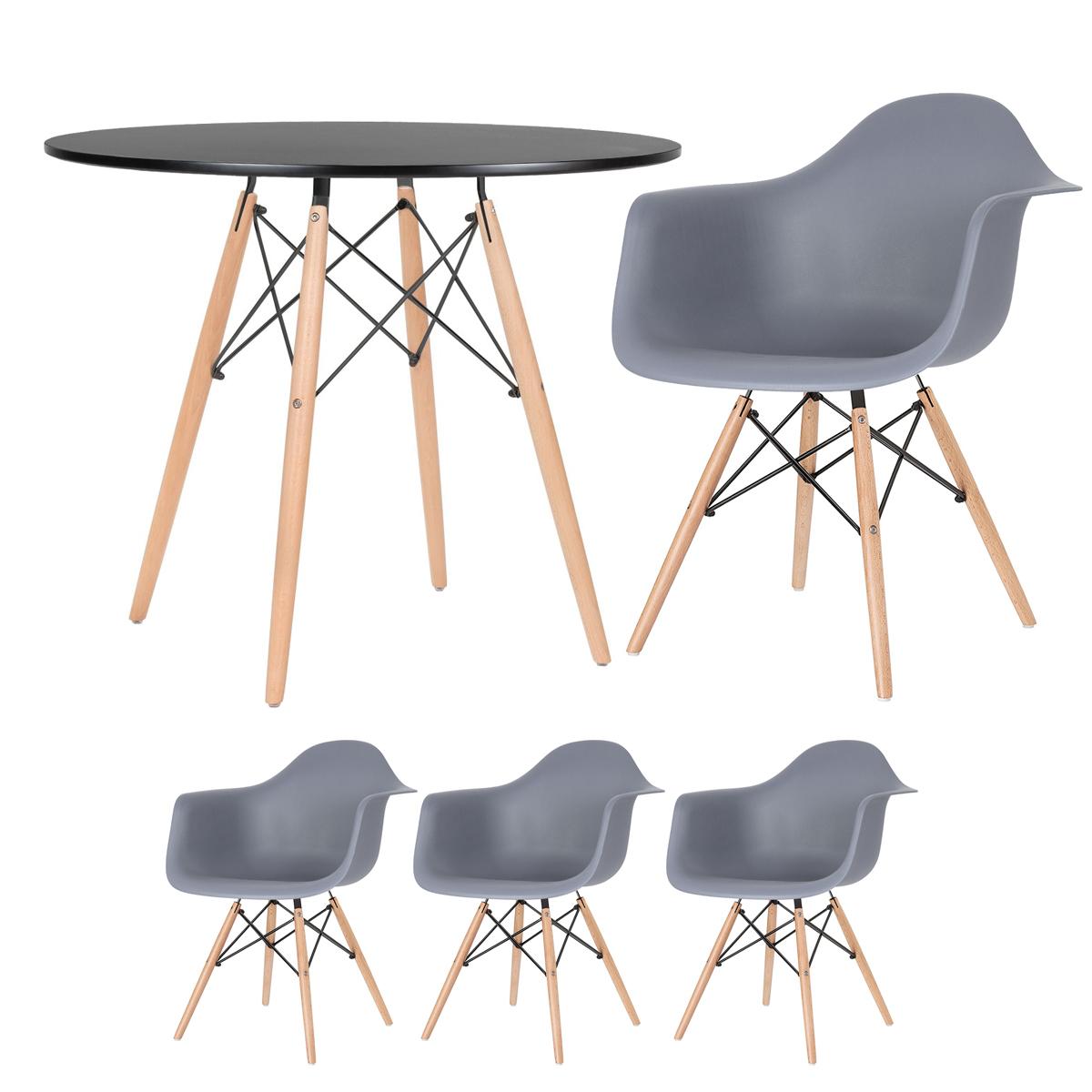 Mesa Redonda Eames 90 Cm Preto + 3 Cadeiras Eiffel Daw Cinza Escuro