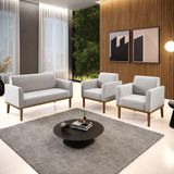 Conjunto 2 Poltronas E 1 Namoradeira Decorativa Pés Fixo Em Madeira Castanho Veludo Cinza