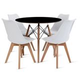 Conjunto Mesa Preta Eames 90cm E 4 Cadeiras Leda Branca