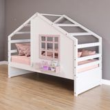 Cama Casinha Com Janela Madeira Maciça Branco- Rosa Housin