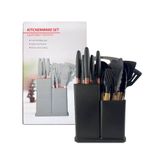 Kit Utensílios De Cozinha Preto 19 Peças Madeira E Silicone