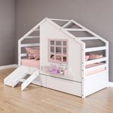 Cama Casinha Com Janela Com 02 Gavetas E Escorregador Madeira Maciça Branco- Rosa Housin