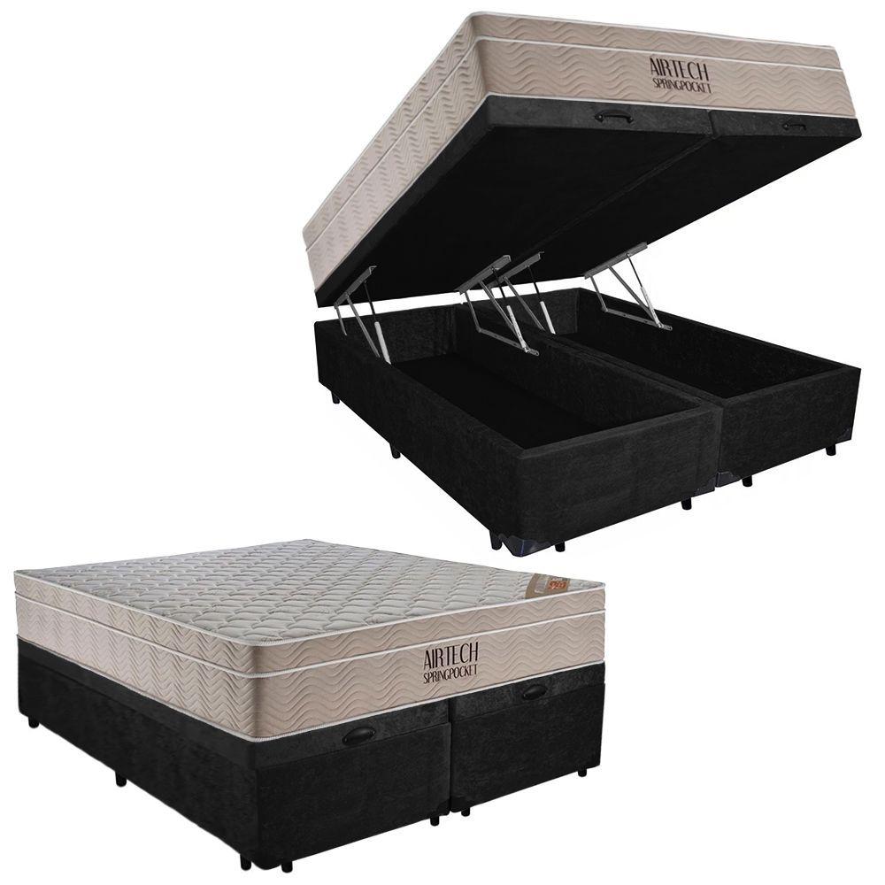 Cama Box Baú Casal Suede Bipartido + Colchão Ortobom Airtech Molas Ensacadas 138x188x69- Preto