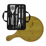 Kit Utensílios E Faca De Churrasco + Tábua De Corte Bambu