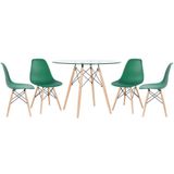 Mesa Redonda Eames Com Tampo De Vidro 100 Cm + 4 Cadeiras Eiffel Dsw Verde Escuro