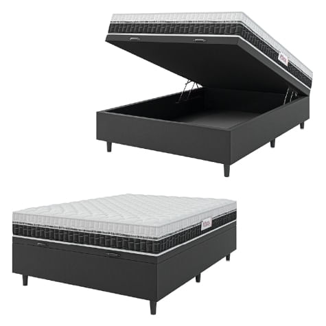 Cama Box Baú Colchão Casal Molas Ensacadas Florida 138x188x61cm Preto / Branco Hellen - Suporta Até 110kg Por Pessoa