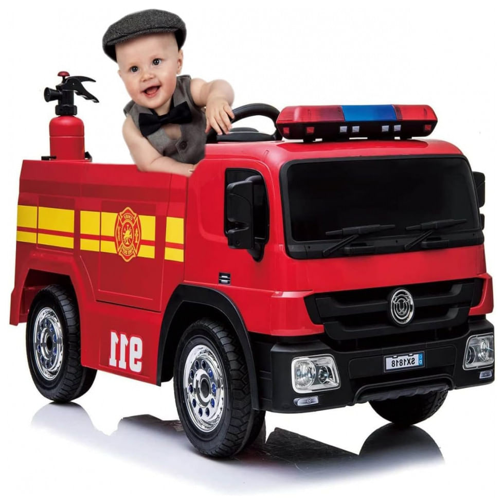 Carro Bombeiro Eletrico Infantil Com Controle Remoto E 3 Velocidades, Bateria 12v, Tlsunny, Vemelho