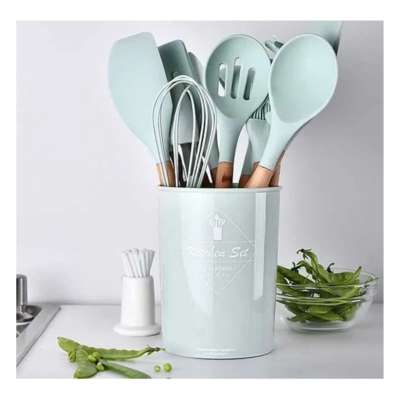 Conjunto De Utensílios De Cozinha De Silicone, 10 Peças Com Madeira Verde