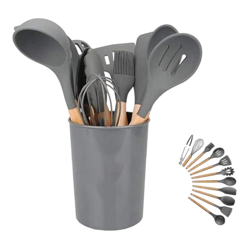 Conjunto De Utensílios De Cozinha, 12 Peças, Alça De Silicone E Madeira