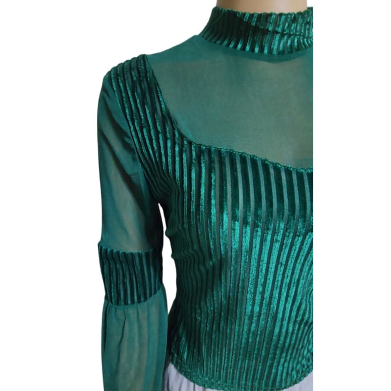 Blusa Feminina De Veludo Verde Elegante De Mangas Compridas, Tamanho S E M