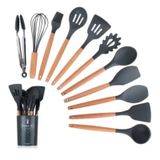 Conjunto De Utensílios De Cozinha De 11 Peças Antiaderentes De Silicone Com Chapéu De Madeira