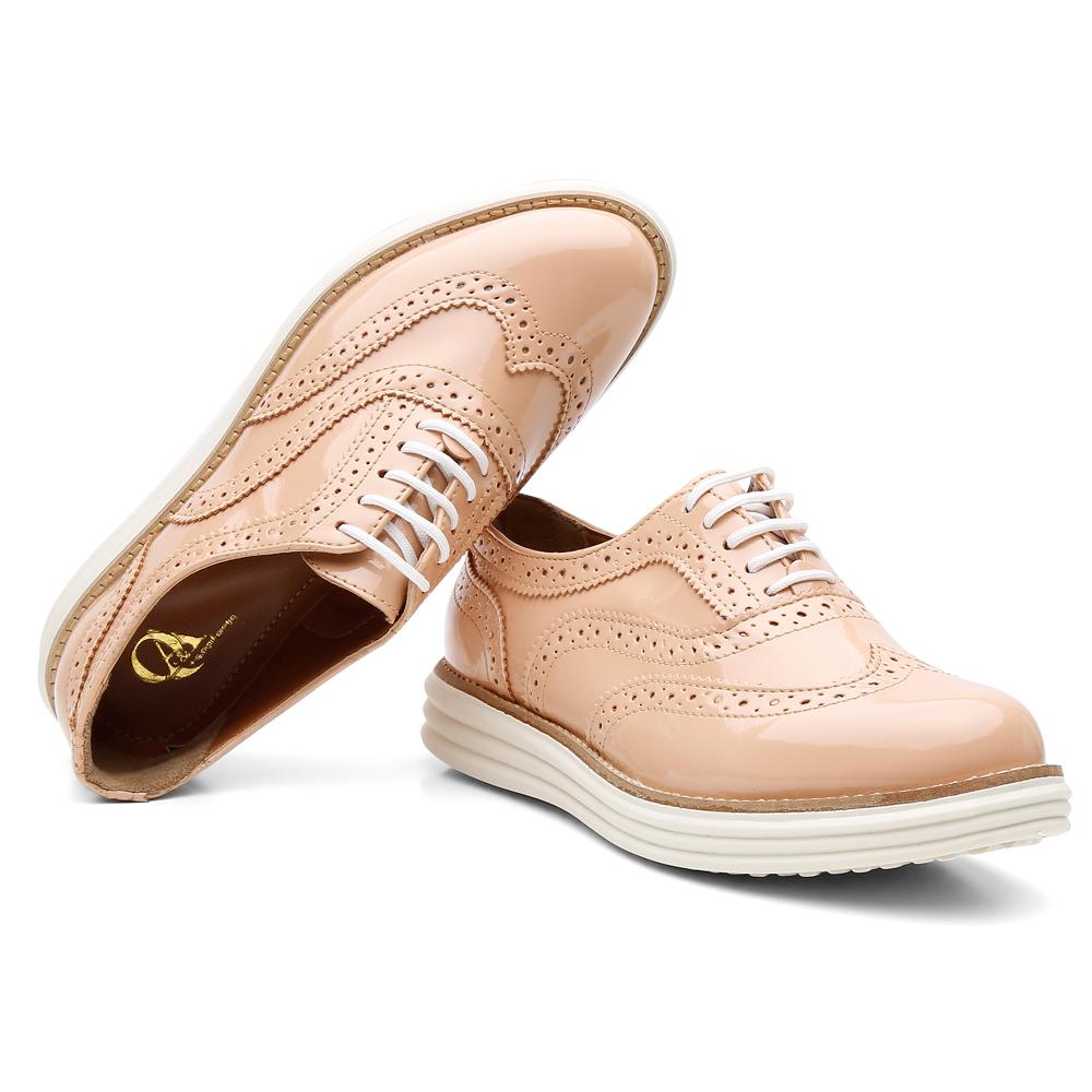 Sapato Derby Feminino Brogue Verniz Conforto Moda Elegante Nude 35