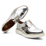 Sapato Derby Feminino Brogue Metalizado Conforto Elegante Cinza 34