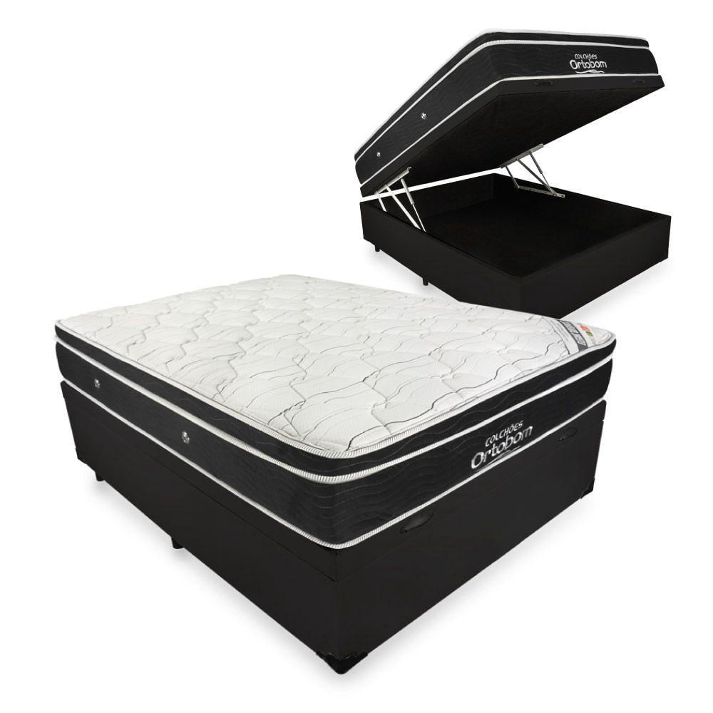 Cama Box Com Baú Casal + Colchão De Molas Ensacadas - Ortobom - Elegant Superpocket 138x188x70cm