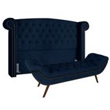 Cabeceira Cama Box Casal Queen 160cm Provença Com Calçadeira Vêneto P02 Veludo Azul Marinho - Mpozenato