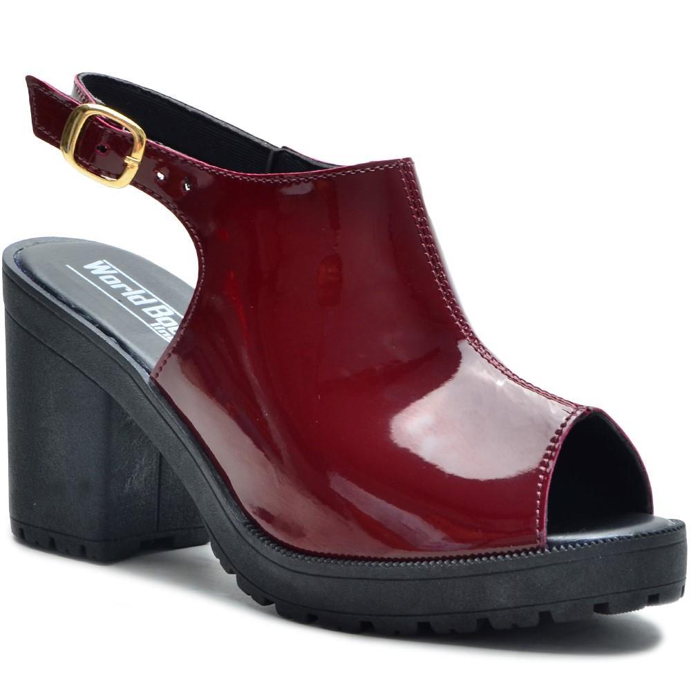 Sandália Feminina Verniz Tratorada Salto Médio Conforto Leve Vinho 39