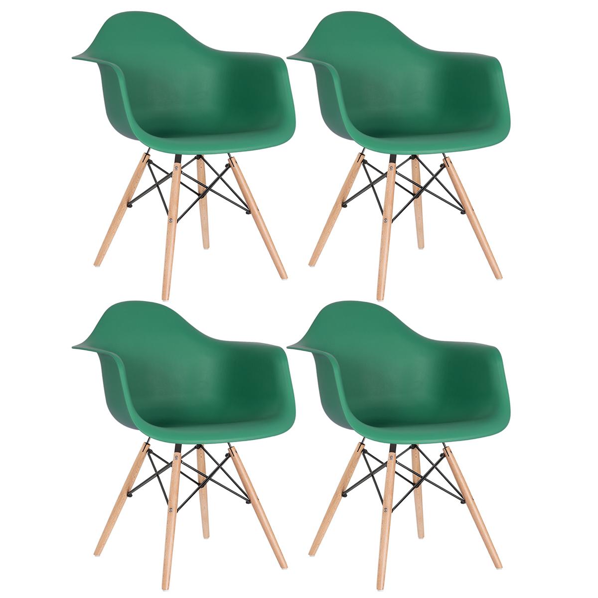 Kit - 4 X Cadeiras Charles Eames Eiffel Daw Com Braços - Base De Madeira Clara - Verde Escuro