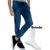 Kit Calça Jogger Jeans Ignis Marmorizada E Meia Masculino Azul Escuro