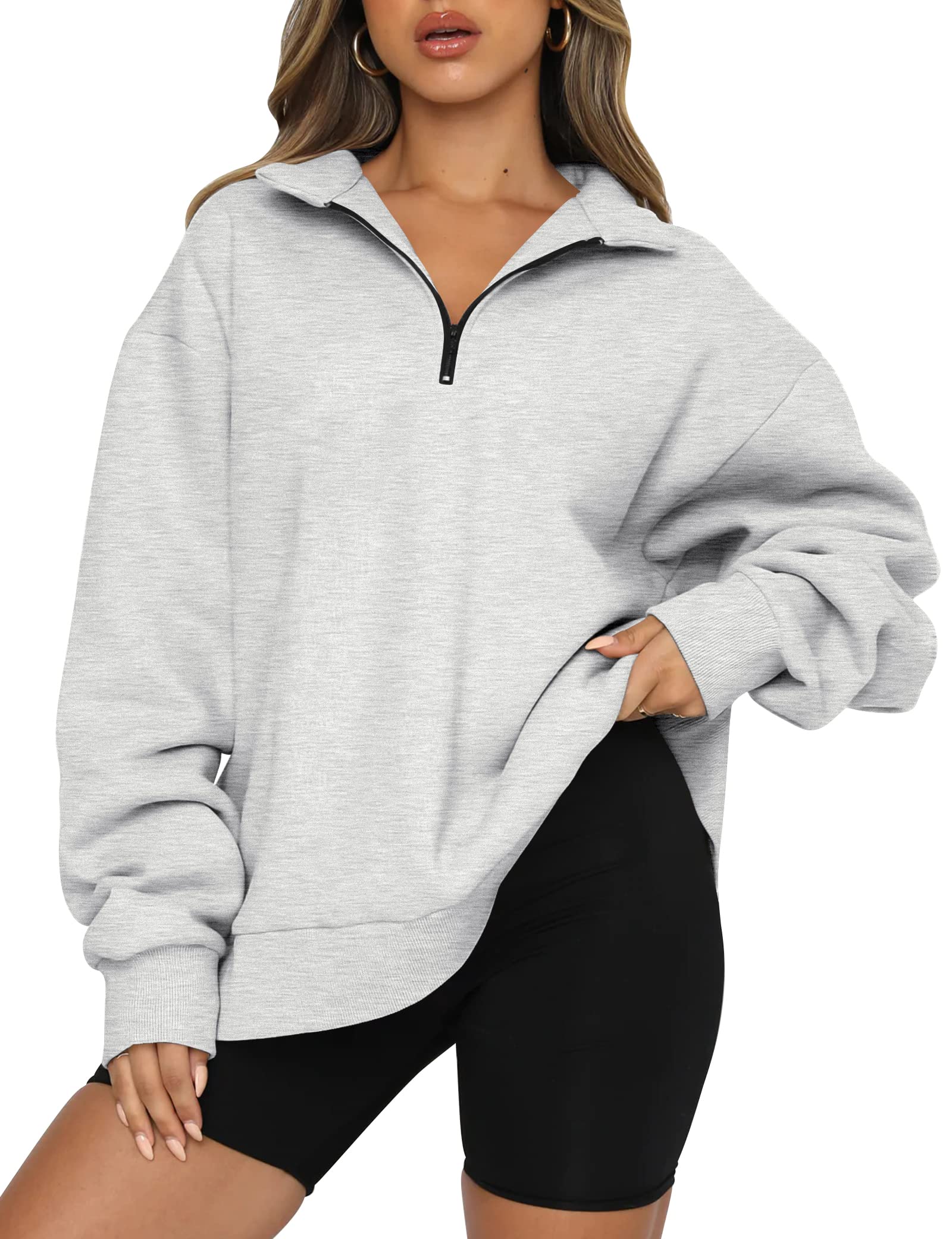 Moletom Com Capuz Trendy Queen Oversize Com Meio Zíper Feminino Cinza