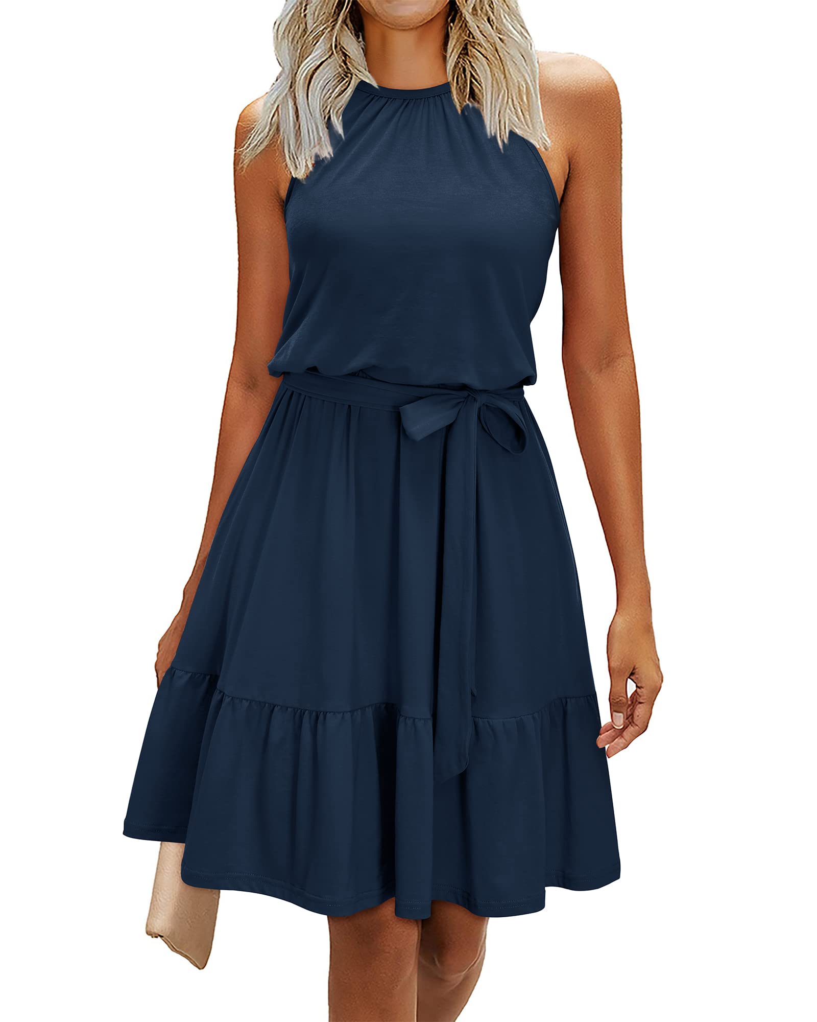 Vestido De Verão Newshows Halter Navy Tiered Fit And Flare