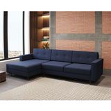 Sofá 3 Lugares Esquerdo Living Com Chaise Esquerdo Pé Palito Linho Cotton Azul Marinho