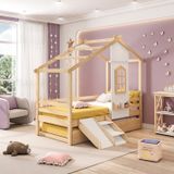 Bicama Infantil Prime House Com Mini Escorregador E Telhado V Casatema Branco/natural