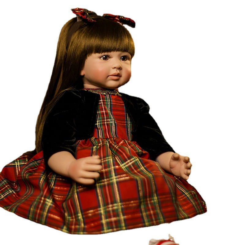 Boneca Infantil Reborn De 60 Cm Com Vestido Xadrez Vermelho Grande, Olhos Azuis