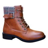 Bota Feminina De Couro Pu Casual Camel Com Design Escocês