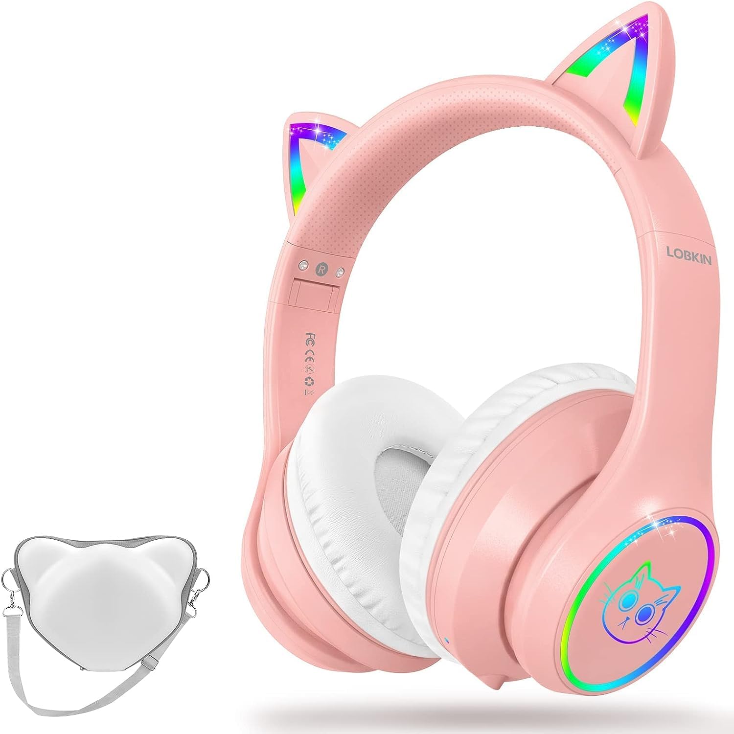 Fones De Ouvido Lobkin Bluetooth 5.3 Kids Com Estojo Rgb Led Rosa